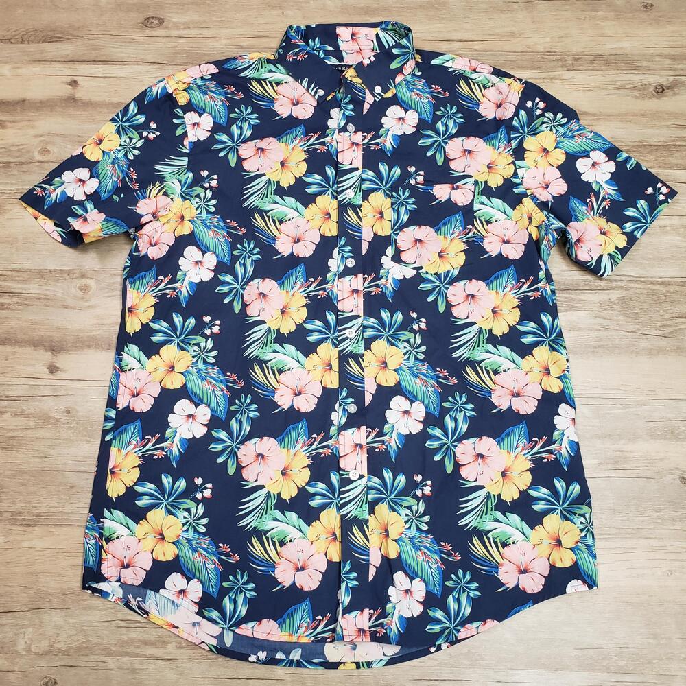 Club Room Shirt Mens Large Blue Floral Hawaiian Short Sleeve Button Up Casual